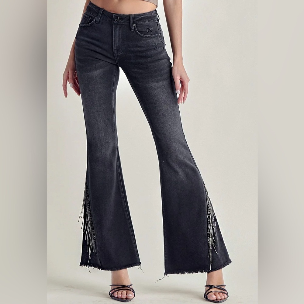 🆕 Risen Mid Rise Rhinestone Detailed Wide Flare Distressed Jeans Size 3 (26W)